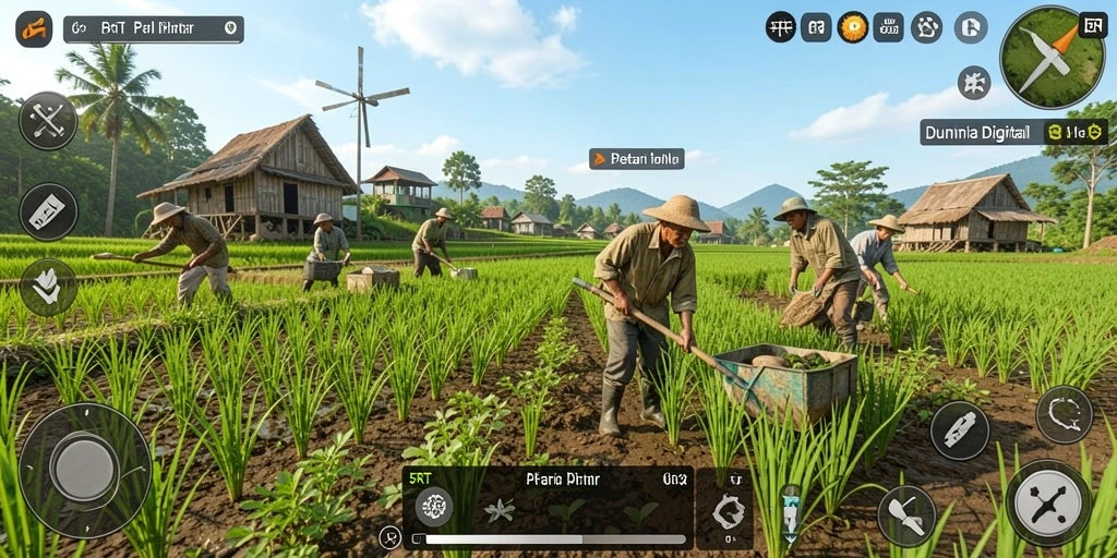 Layar permainan 5RT menampilkan ladang yang subur dan aktivitas bertani seru.