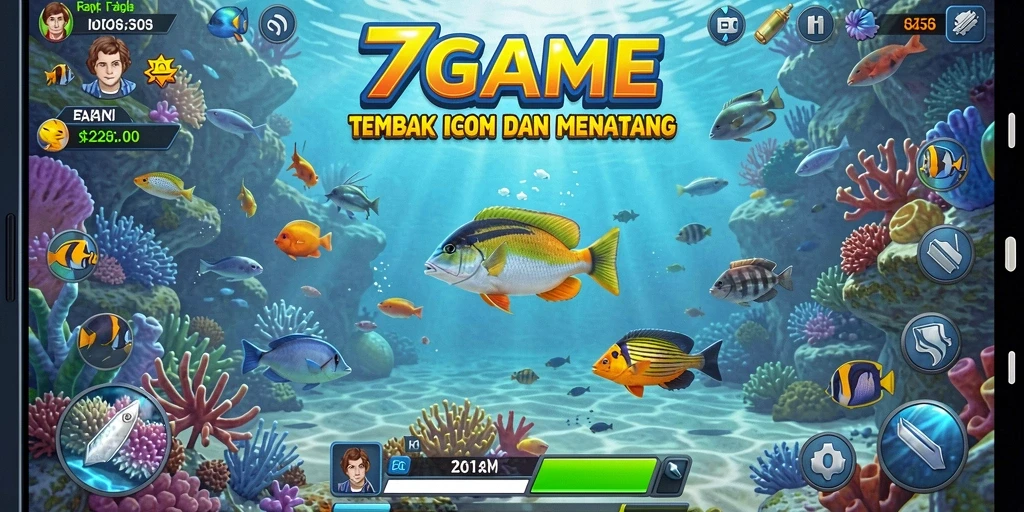 Screenshot gameplay 7GAME menampilkan serunya menembak ikan di bawah laut.