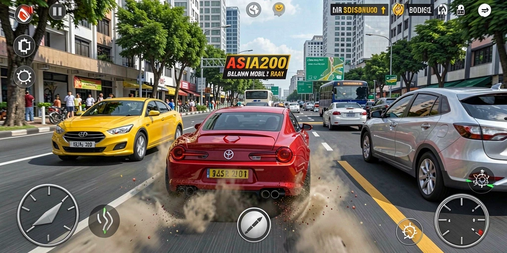 Screenshot utama ASIA200 menampilkan aksi balapan yang mendebarkan di jalanan.