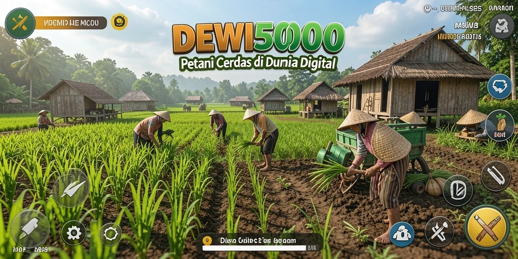 Screenshot gameplay DEWI5000 menampilkan petak ladang yang subur dan aktivitas farming.