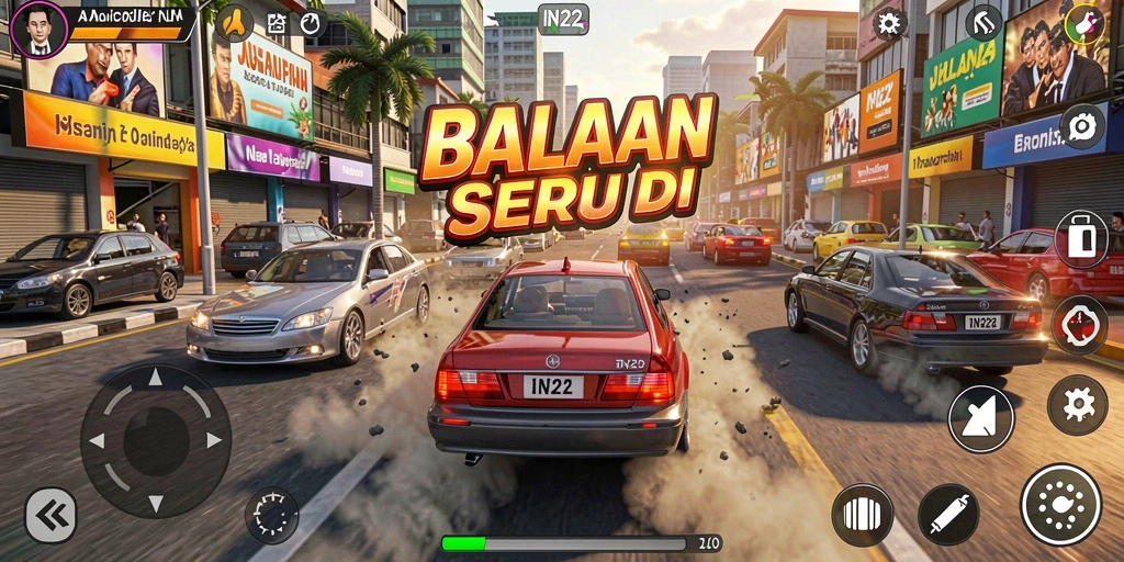 Screenshot gameplay IN22 menampilkan aksi balapan yang mendebarkan.