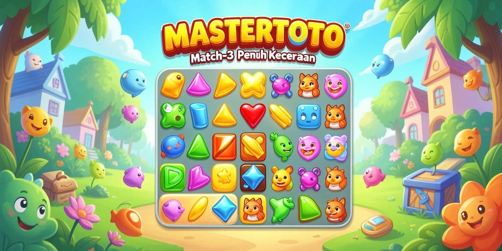 Tampilan screenshot gameplay MASTERTOTO dengan pola match-3 berwarna-warni.