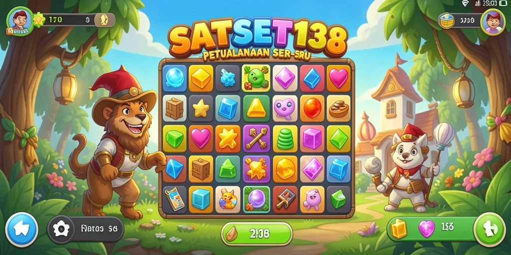 Tangkapan layar gameplay Match-3 yang menampilkan kombinasi permata berwarna.